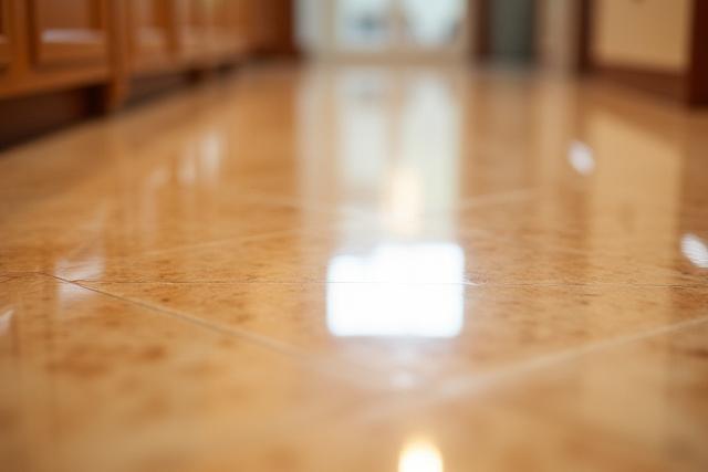 Shiny, polished hardwood floor reflecting light, after specialized floor care